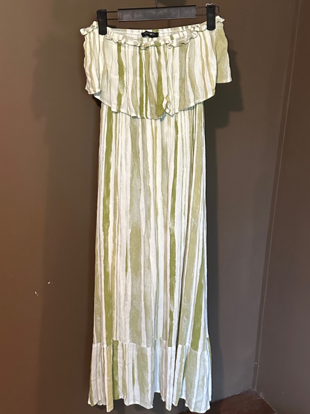 Off-Shoulder Maxi Dress in Sage and White Stripes